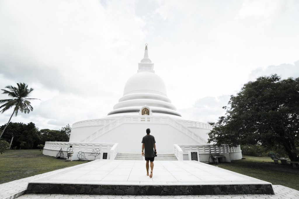 Hombre irreconocible caminando hacia la Pagoda de la Paz japonesa